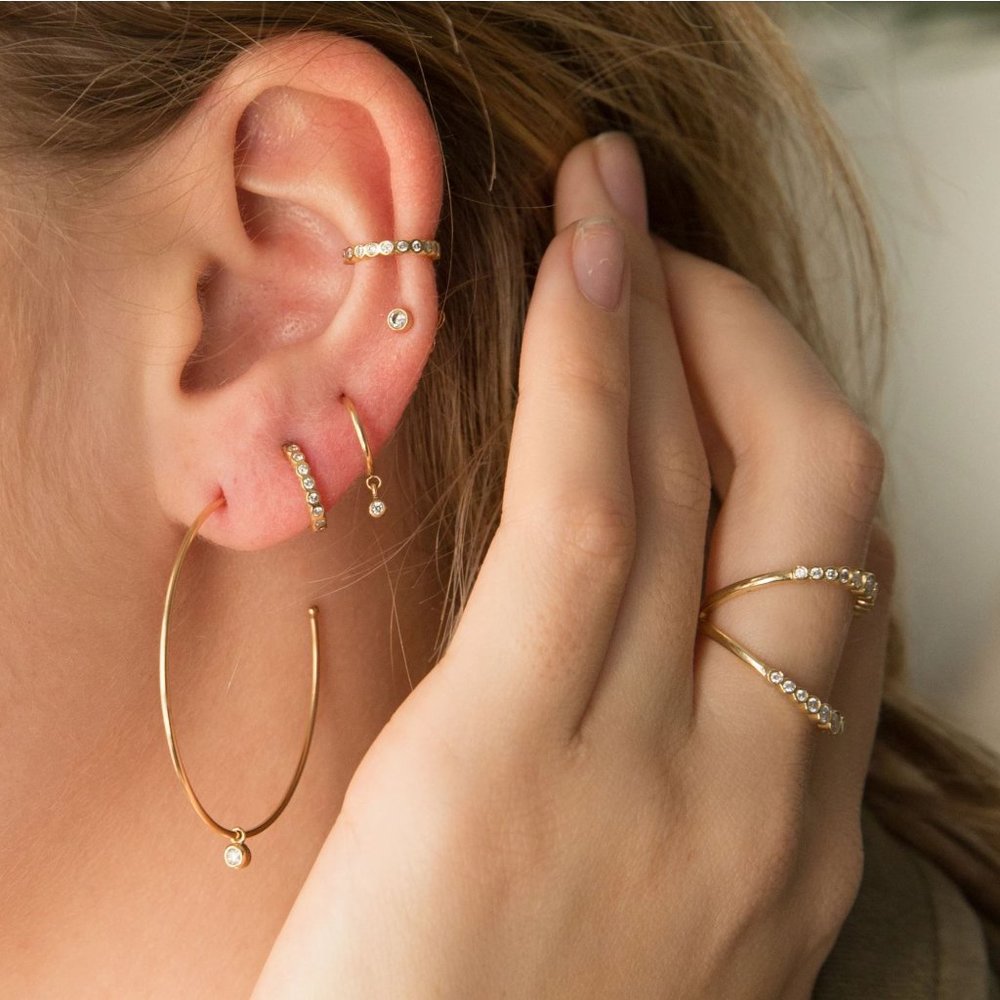 14K Hoop Earring With Single Dangle Diamond